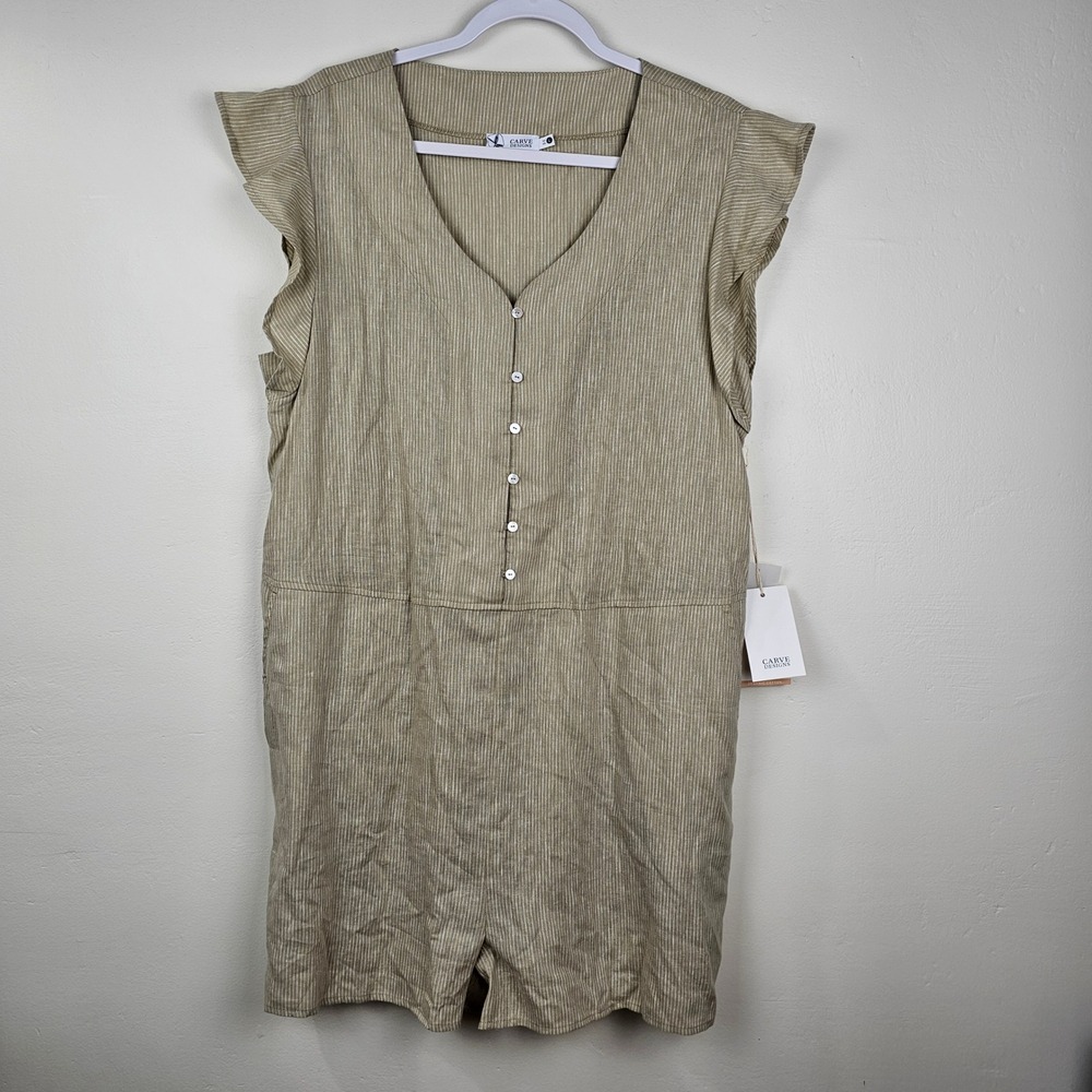 Carve Designs Romper Women Large Khaki Remi Stripe Flutter Sleeve Linen Blend